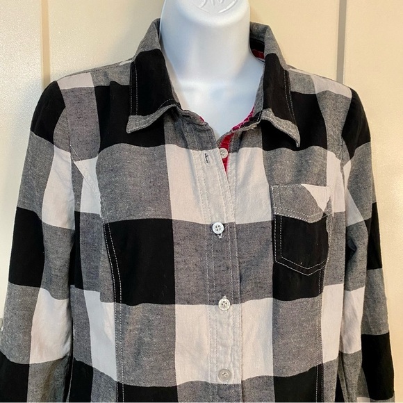Black White Long Sleeve Button-down Plaid Cotton Flannel Shirt Medium Grunge - Picture 5 of 15